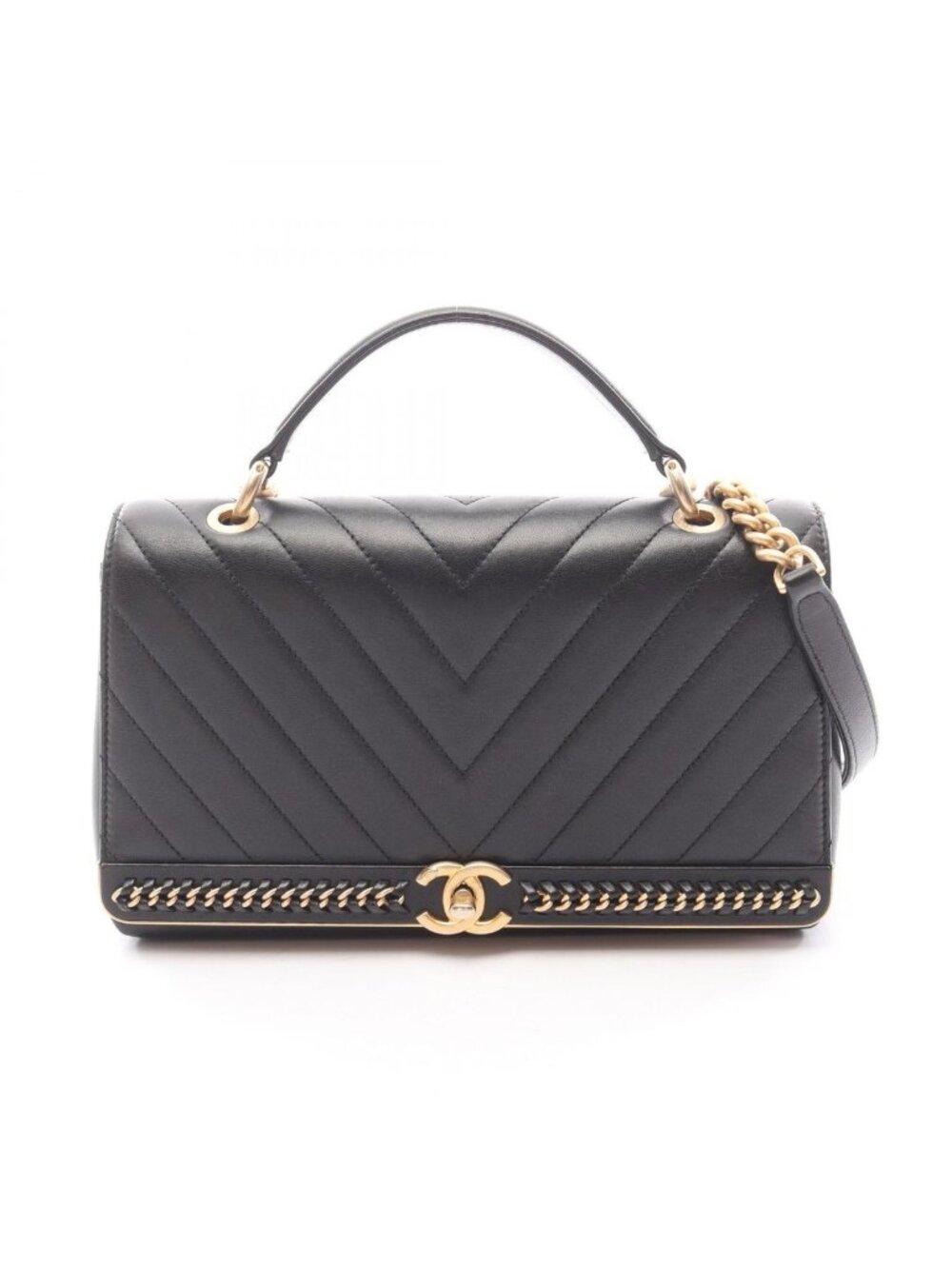 Chanel Shoulder Bag Top Handle Stitch Black Lambskin